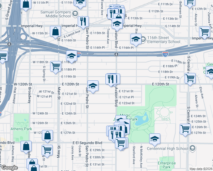 map of restaurants, bars, coffee shops, grocery stores, and more near 420 East 120th Street in Los Angeles