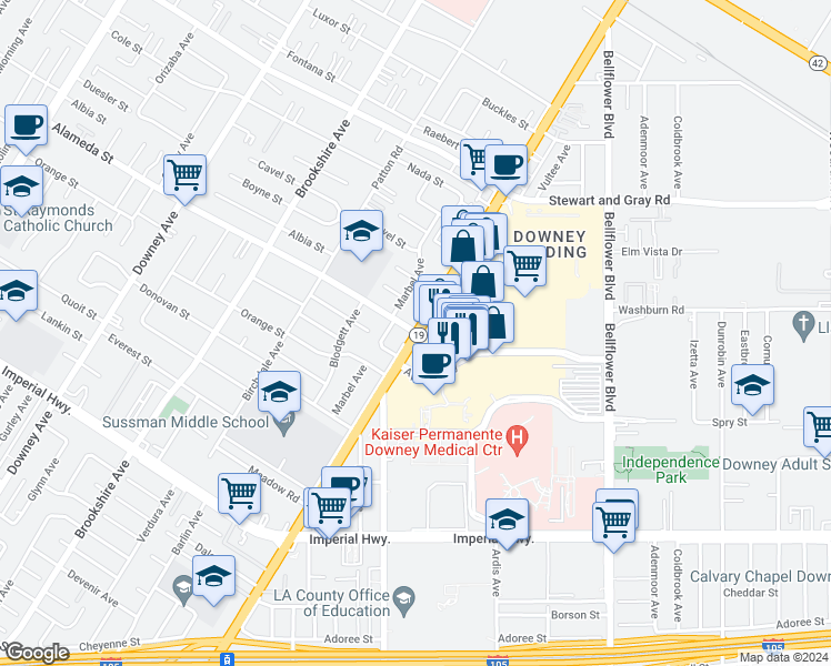 map of restaurants, bars, coffee shops, grocery stores, and more near Lakewood Blvd & Alameda St in Downey