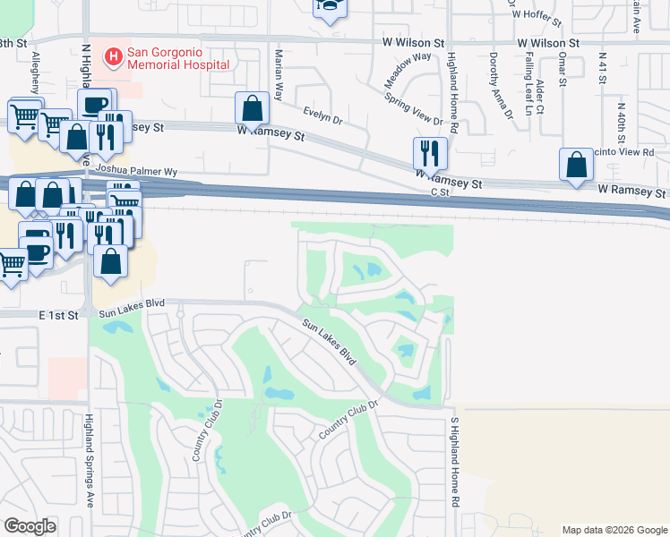 map of restaurants, bars, coffee shops, grocery stores, and more near 464 Sandpiper Street in Banning