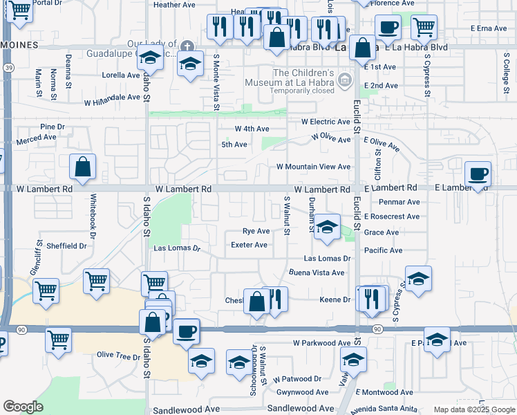 map of restaurants, bars, coffee shops, grocery stores, and more near 640 West Lambert Road in La Habra