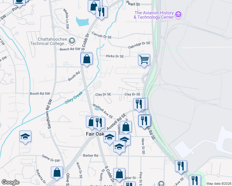 map of restaurants, bars, coffee shops, grocery stores, and more near 241 Clay Drive in Marietta