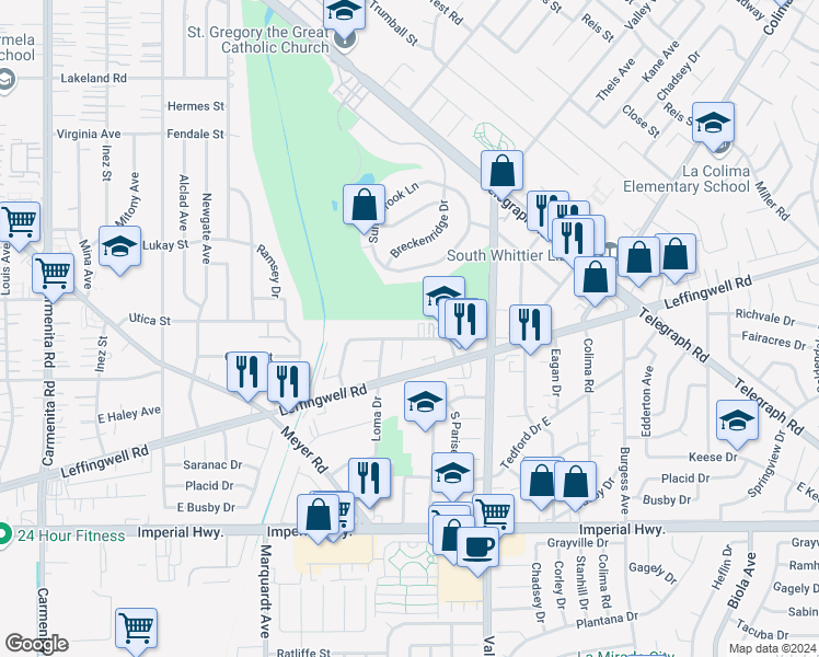 map of restaurants, bars, coffee shops, grocery stores, and more near 14037 Coteau Drive in Whittier