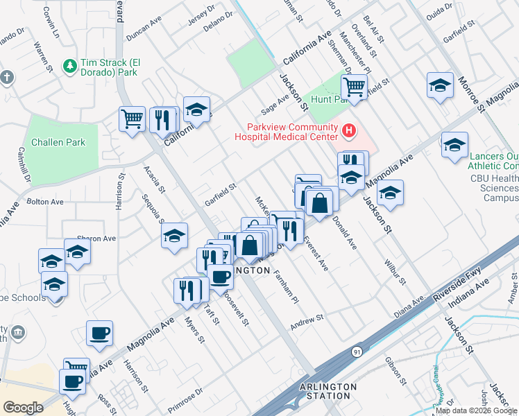 map of restaurants, bars, coffee shops, grocery stores, and more near 3934 McKenzie Street in Riverside