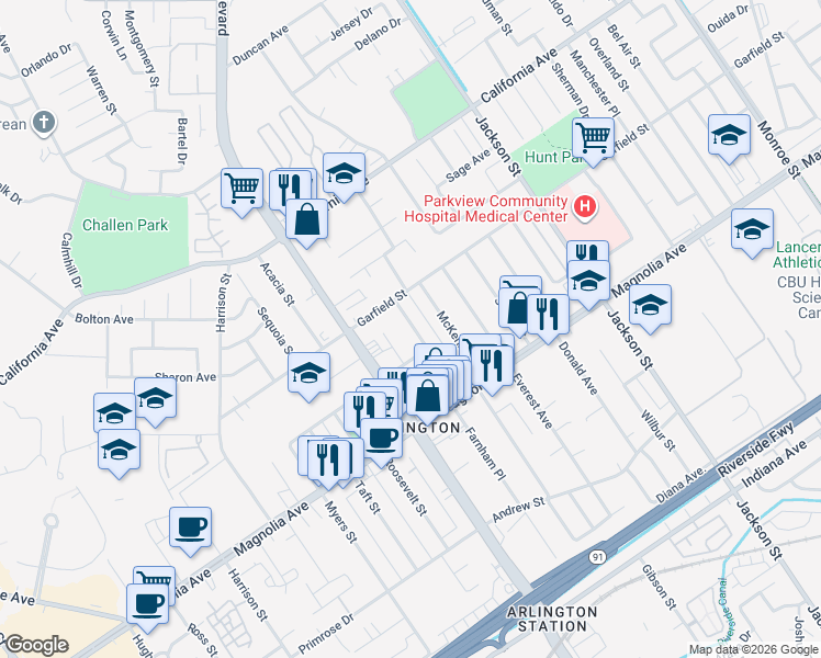 map of restaurants, bars, coffee shops, grocery stores, and more near 3960 Castleman Street in Riverside
