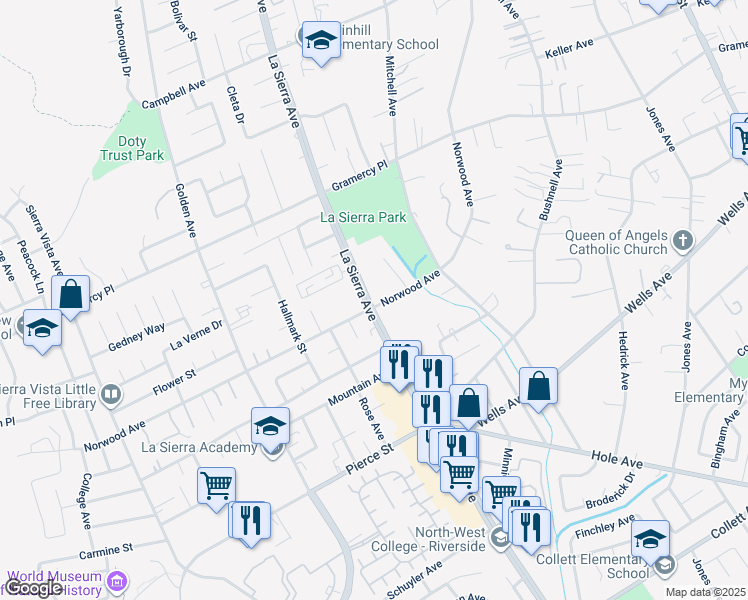 map of restaurants, bars, coffee shops, grocery stores, and more near 5111 La Sierra Avenue in Riverside