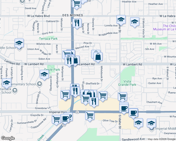 map of restaurants, bars, coffee shops, grocery stores, and more near 1750 West Lambert Road in La Habra