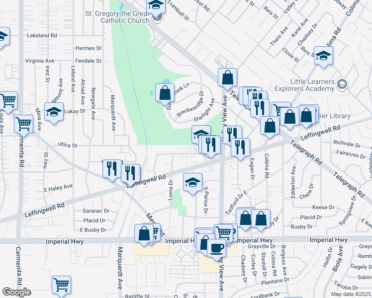 map of restaurants, bars, coffee shops, grocery stores, and more near 14037 Coteau Drive in Whittier