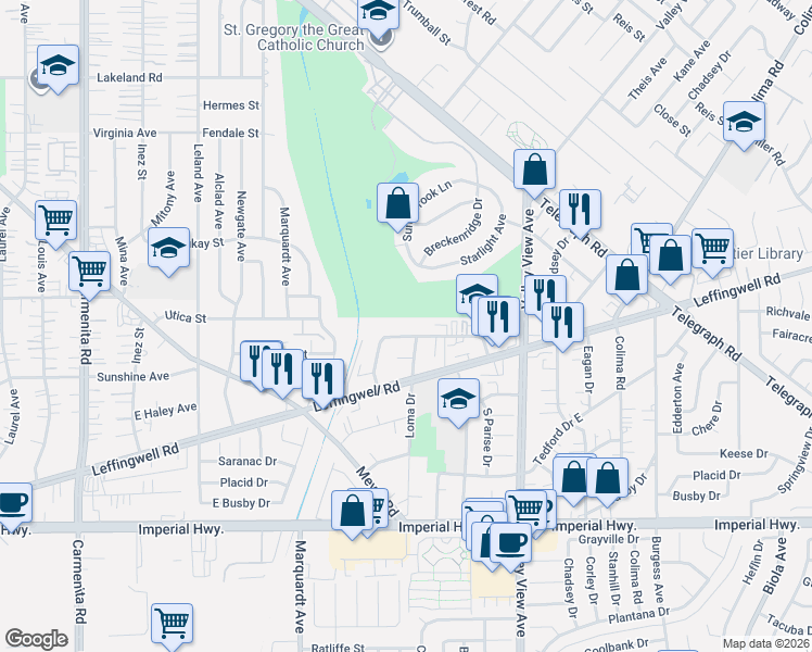 map of restaurants, bars, coffee shops, grocery stores, and more near 13997 Coteau Drive in Whittier