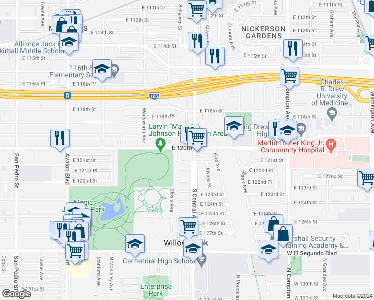 map of restaurants, bars, coffee shops, grocery stores, and more near 11908 Belhaven Street in Los Angeles
