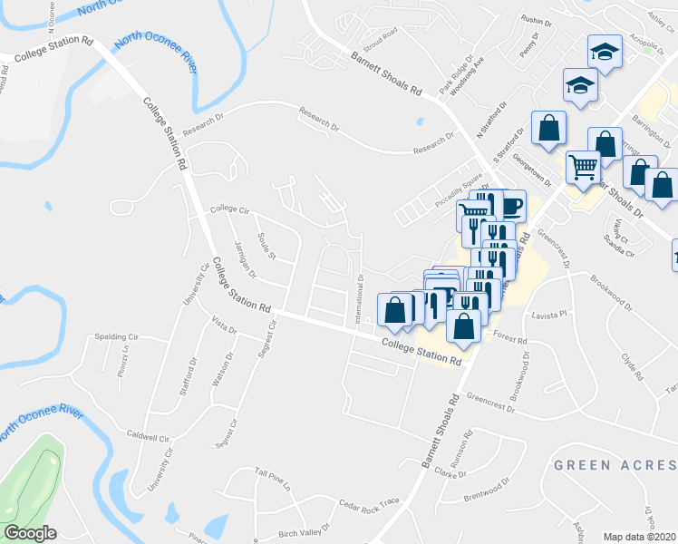 map of restaurants, bars, coffee shops, grocery stores, and more near 10 Mark Twain Circle in Athens
