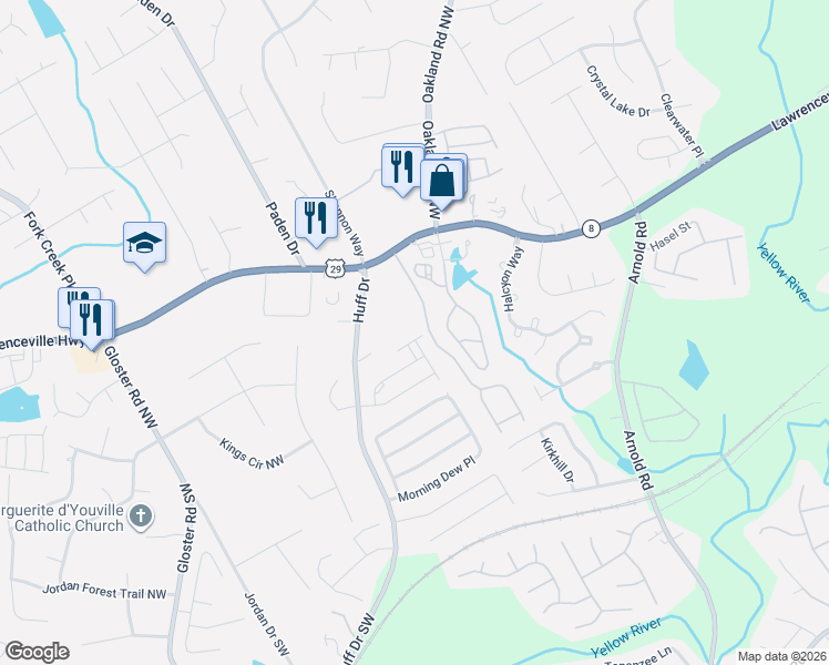 map of restaurants, bars, coffee shops, grocery stores, and more near 66 Oak Green Drive in Lawrenceville