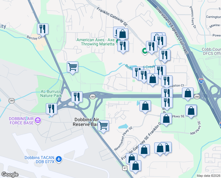 map of restaurants, bars, coffee shops, grocery stores, and more near 1814 Ashborough Road Southeast in Marietta