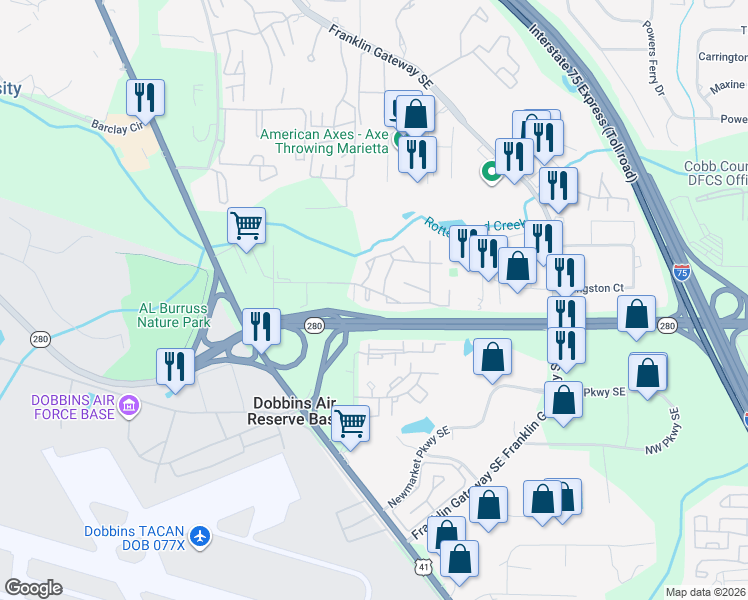 map of restaurants, bars, coffee shops, grocery stores, and more near 1814 Ashborough Road Southeast in Marietta