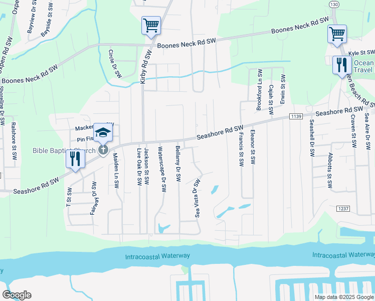 map of restaurants, bars, coffee shops, grocery stores, and more near 2571 Sea Vista Drive Southwest in Supply