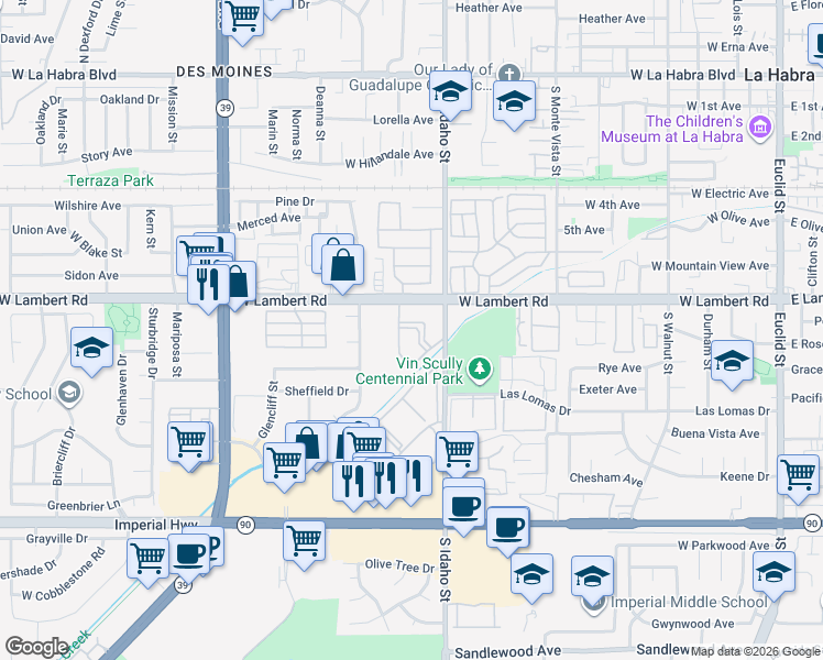 map of restaurants, bars, coffee shops, grocery stores, and more near 1200 West Lambert Road in La Habra