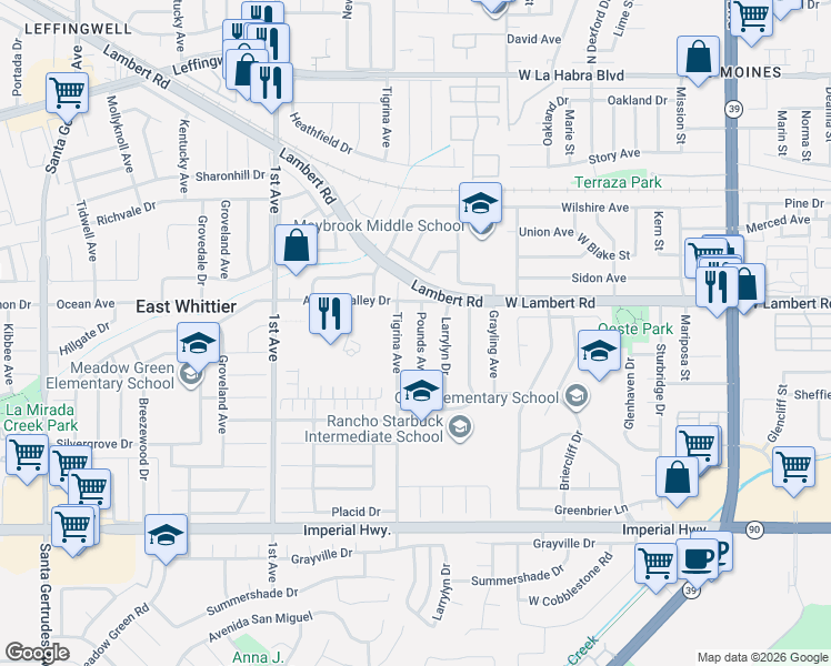 map of restaurants, bars, coffee shops, grocery stores, and more near 11820 Pounds Avenue in Whittier