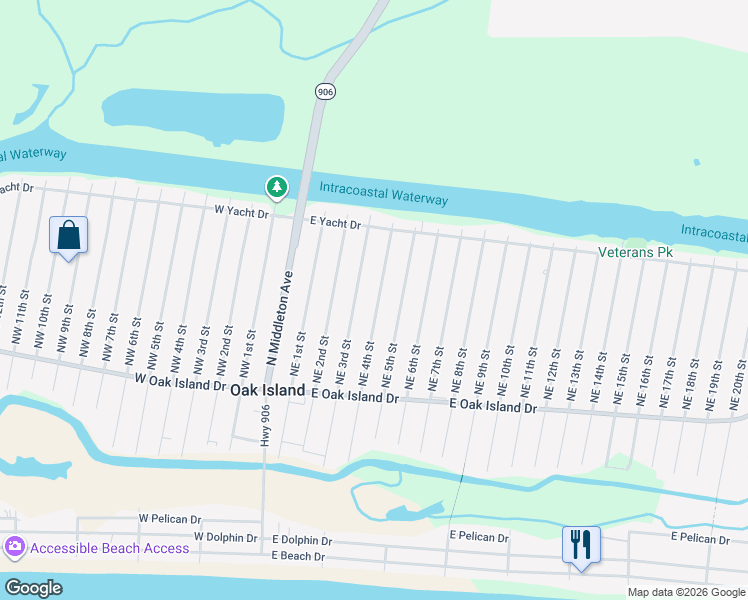 map of restaurants, bars, coffee shops, grocery stores, and more near 143-147 Northeast 4th Street in Oak Island