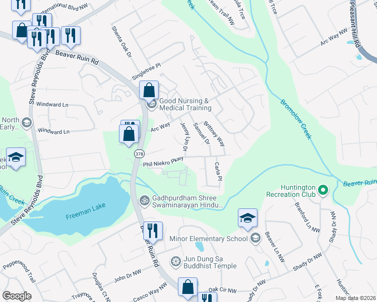 map of restaurants, bars, coffee shops, grocery stores, and more near 1134 Jenny Lyn Court in Norcross