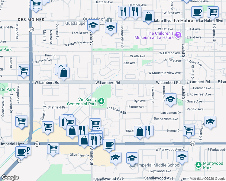 map of restaurants, bars, coffee shops, grocery stores, and more near 888 West Lambert Road in La Habra
