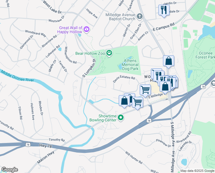 map of restaurants, bars, coffee shops, grocery stores, and more near 112 Oxford Court in Athens