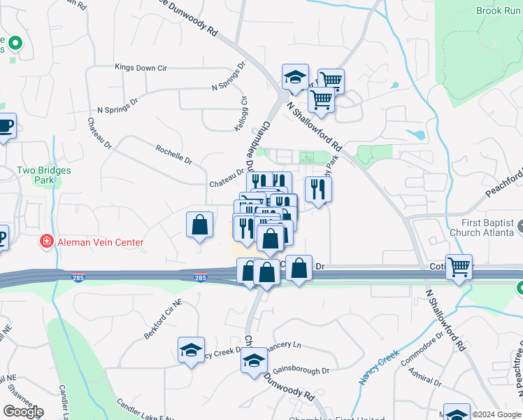 map of restaurants, bars, coffee shops, grocery stores, and more near 4532 Chamblee Dunwoody Road in Dunwoody
