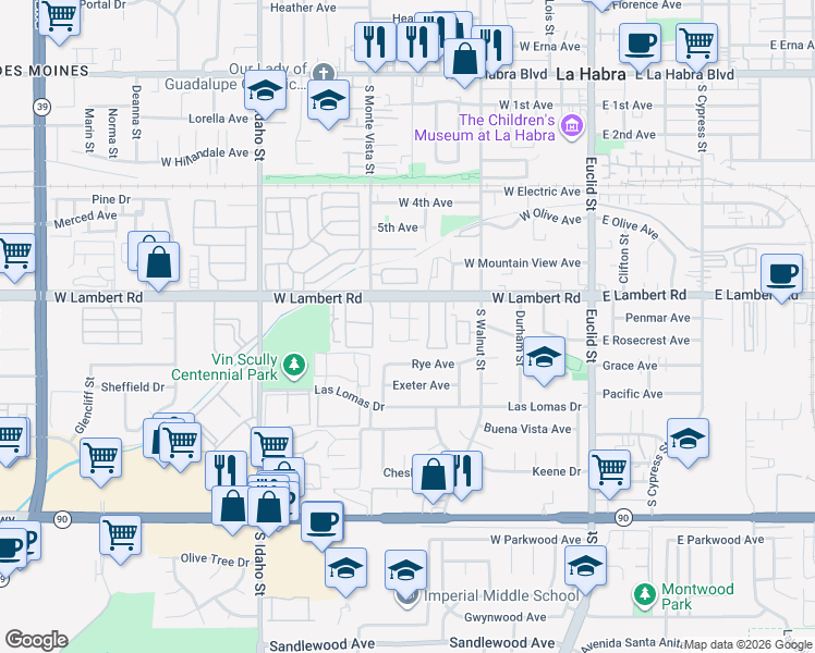 map of restaurants, bars, coffee shops, grocery stores, and more near 736 West Lambert Road in La Habra