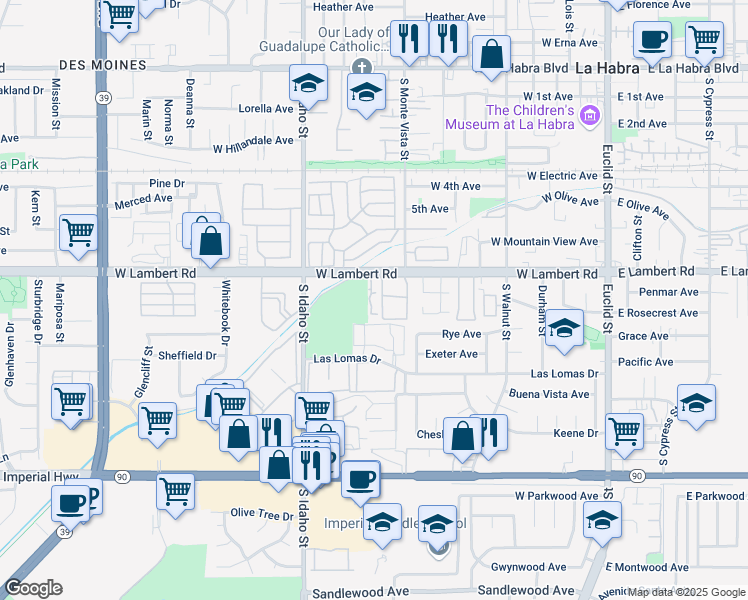 map of restaurants, bars, coffee shops, grocery stores, and more near 950 West Lambert Road in La Habra