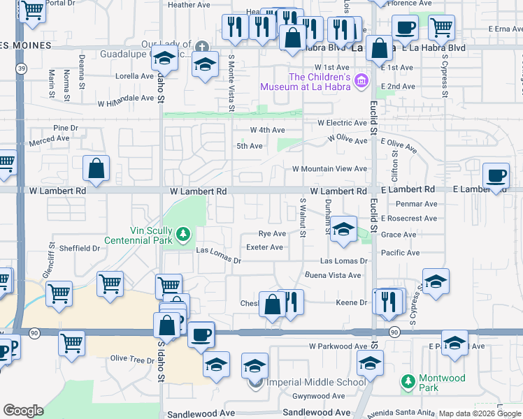 map of restaurants, bars, coffee shops, grocery stores, and more near 640 West Lambert Road in La Habra