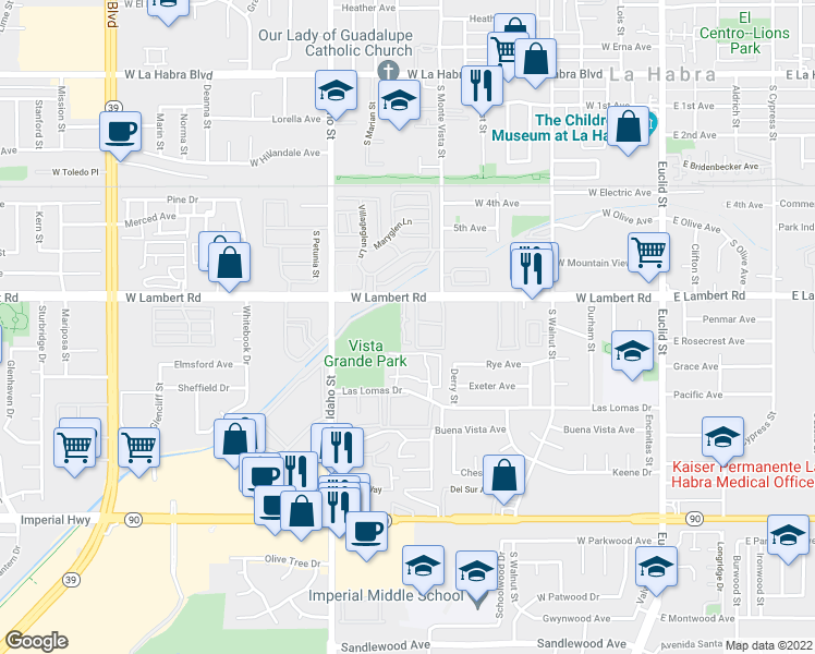 map of restaurants, bars, coffee shops, grocery stores, and more near 888 West Lambert Road in La Habra