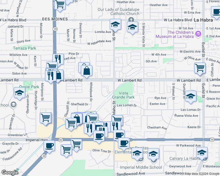 map of restaurants, bars, coffee shops, grocery stores, and more near 1230 West Lambert Road in La Habra