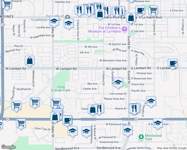 map of restaurants, bars, coffee shops, grocery stores, and more near 630 West Lambert Road in La Habra