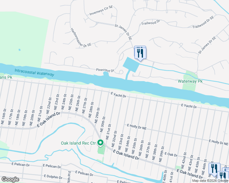 map of restaurants, bars, coffee shops, grocery stores, and more near 3008 East Yacht Drive in Oak Island