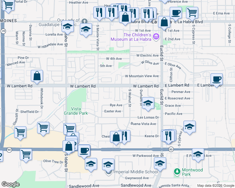 map of restaurants, bars, coffee shops, grocery stores, and more near 640 West Lambert Road in La Habra