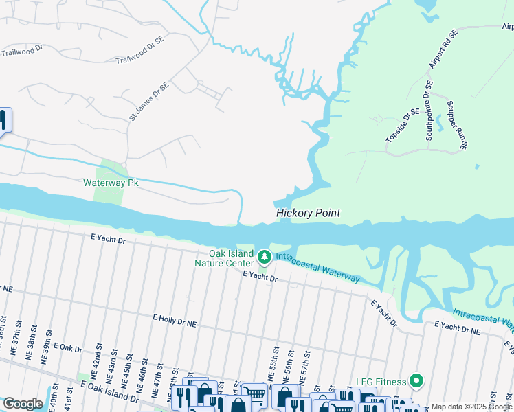 map of restaurants, bars, coffee shops, grocery stores, and more near 2526 Mariners Way Southeast in Southport