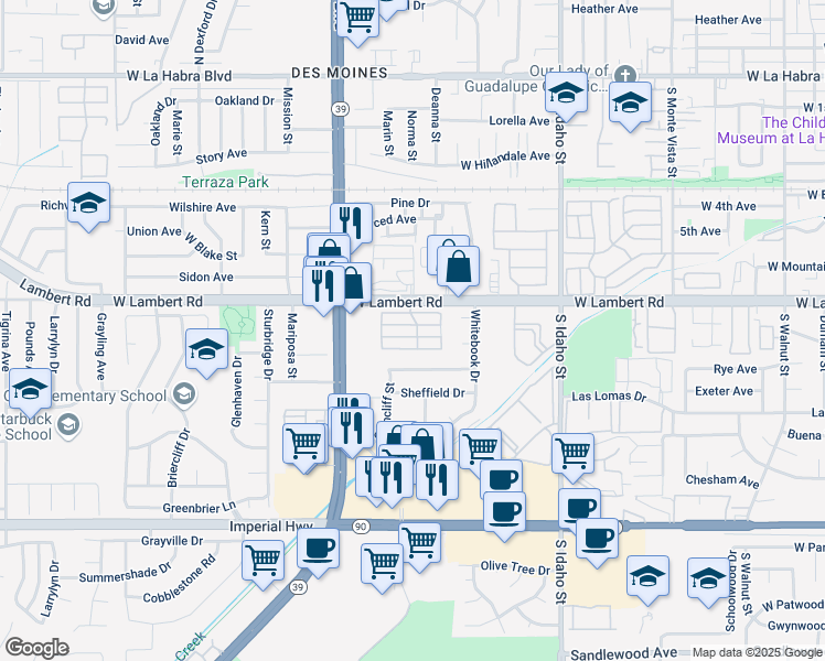 map of restaurants, bars, coffee shops, grocery stores, and more near 1750 West Lambert Road in La Habra