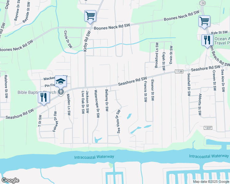 map of restaurants, bars, coffee shops, grocery stores, and more near 2571 Sea Vista Drive Southwest in Supply