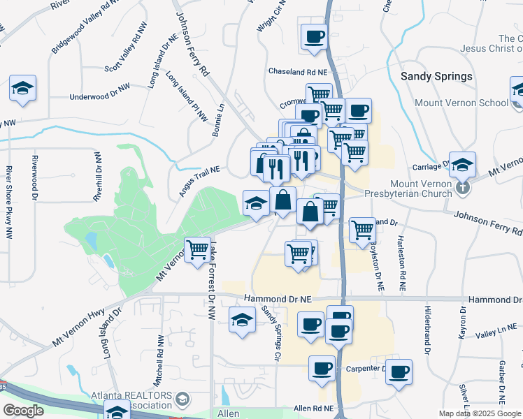 map of restaurants, bars, coffee shops, grocery stores, and more near 86 Mount Vernon Highway Northeast in Sandy Springs