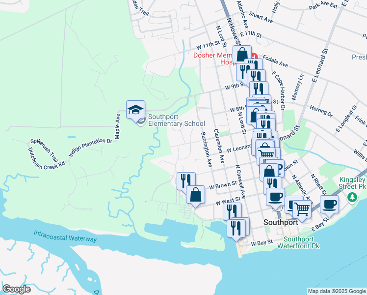map of restaurants, bars, coffee shops, grocery stores, and more near 601 West Owens Street in Southport