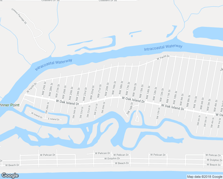 map of restaurants, bars, coffee shops, grocery stores, and more near 107 Northwest 19th Street in Oak Island