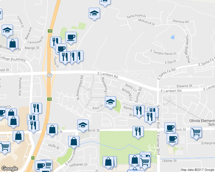 map of restaurants, bars, coffee shops, grocery stores, and more near 2226 Shadetree Circle in Brea