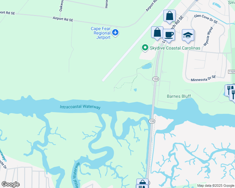 map of restaurants, bars, coffee shops, grocery stores, and more near 2100 Marsh Grove Lane in Southport