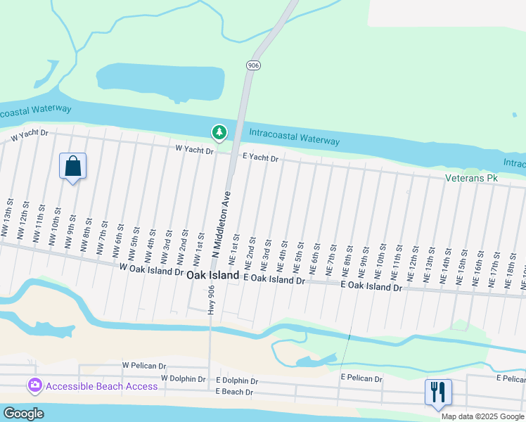 map of restaurants, bars, coffee shops, grocery stores, and more near 145 Northeast 3rd Street in Oak Island