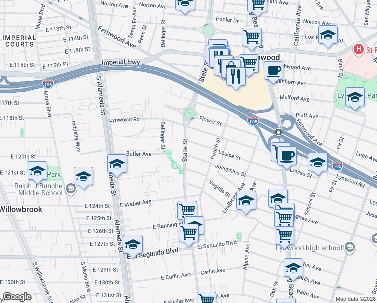 map of restaurants, bars, coffee shops, grocery stores, and more near 11720 State Street in Lynwood