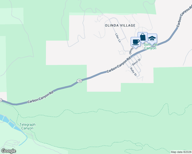 map of restaurants, bars, coffee shops, grocery stores, and more near Carbon Canyon Road in Brea