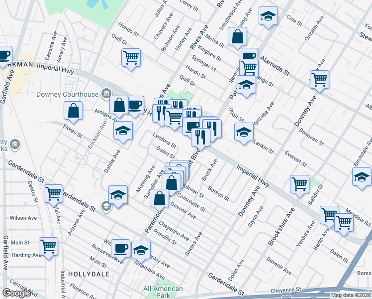 map of restaurants, bars, coffee shops, grocery stores, and more near 7939 Lyndora Street in Downey