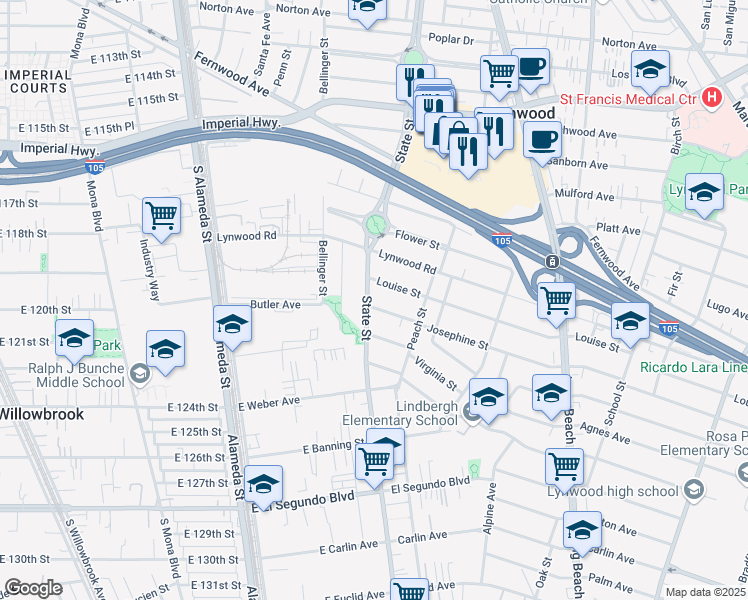 map of restaurants, bars, coffee shops, grocery stores, and more near 11720 State Street in Lynwood