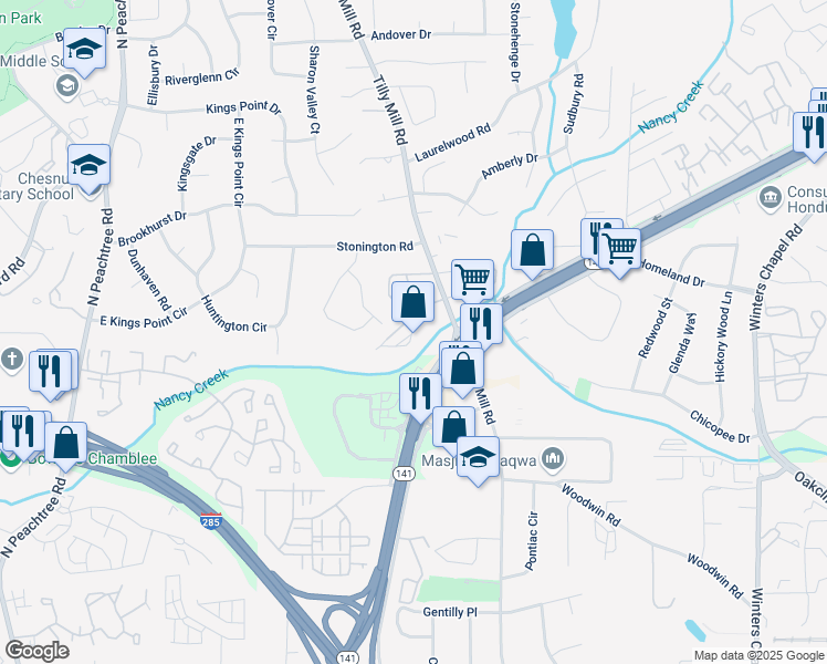 map of restaurants, bars, coffee shops, grocery stores, and more near 4430 Tilly Mill Road in Dunwoody