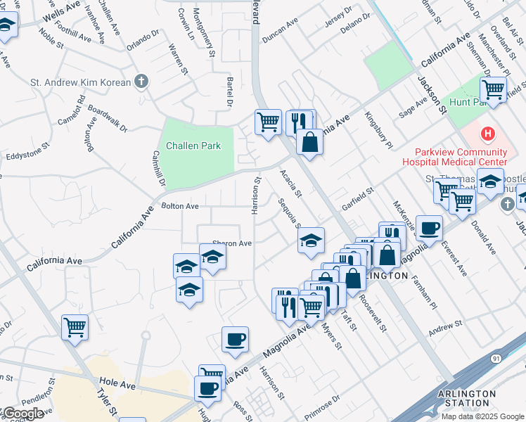 map of restaurants, bars, coffee shops, grocery stores, and more near 9676 Bolton Avenue in Riverside