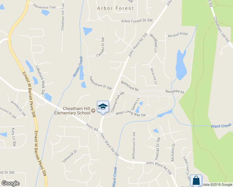 map of restaurants, bars, coffee shops, grocery stores, and more near 1281 Channel Park Southwest in Marietta