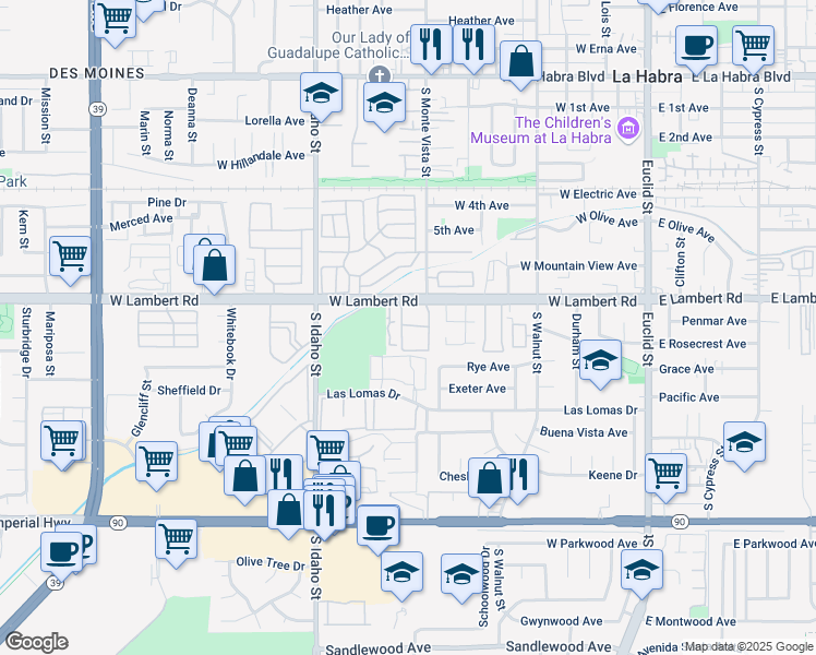 map of restaurants, bars, coffee shops, grocery stores, and more near 888 West Lambert Road in La Habra